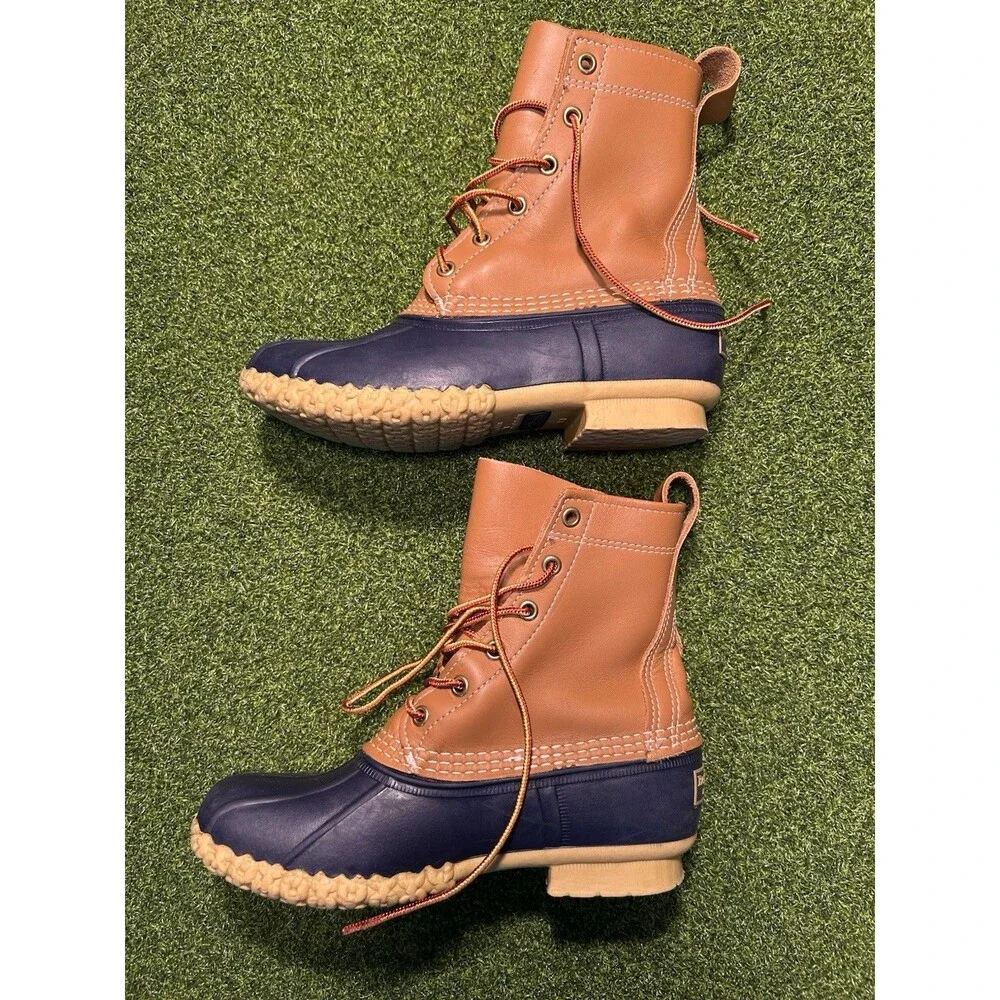 L.L. Bean Duck Boots Womens Size 6 M Tan Navy Blue 8” Leather Rubber USA Preppy